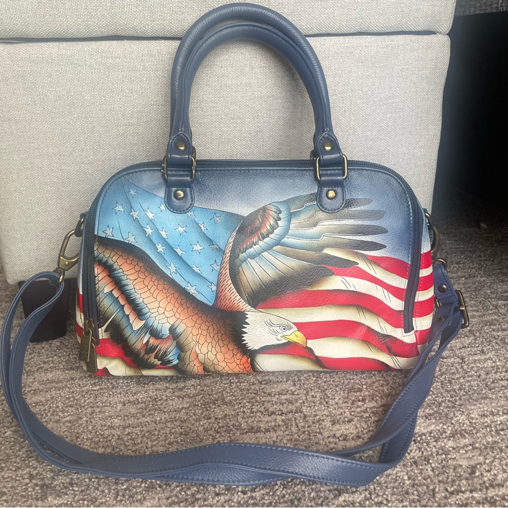 ANUSCHKA Painted Leather Eagle Handbag with Blue Straps